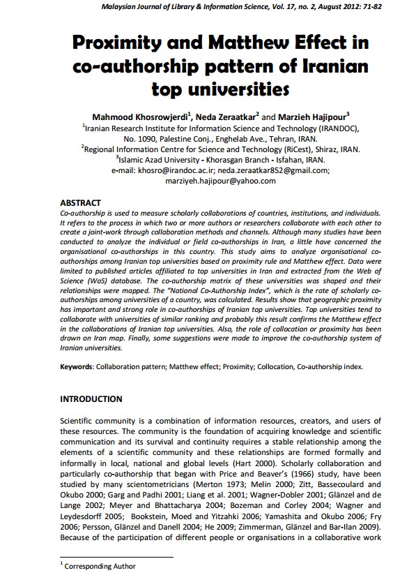 Proximity and Matthew Effect in Co-authorship Pattern of Iranian Top Universities